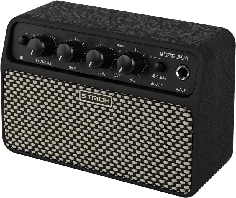 STRICH DSP Mini Electric Guitar Practice Amplifier, 2 x 5W Dual-Speaker Desktop Amp with Clean/Distortion, 3-4H Battery, 3.5mm Headphone Jack, Wireless Portable for Indoor Practice & Travel, Black - Image 1
